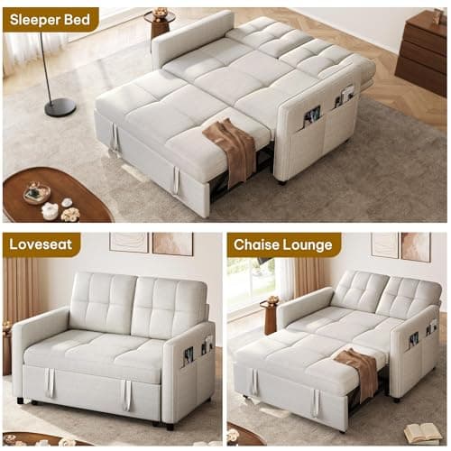 DWVO 55" Convertible Sofa Bed, 3-in-1 Sleeper Sofa with Pull-Out Bed, Linen Futon Couch with Adjustable Backrest and Side Pocket, Modern Loveseat for Living Room Apartment, Light Beige 8