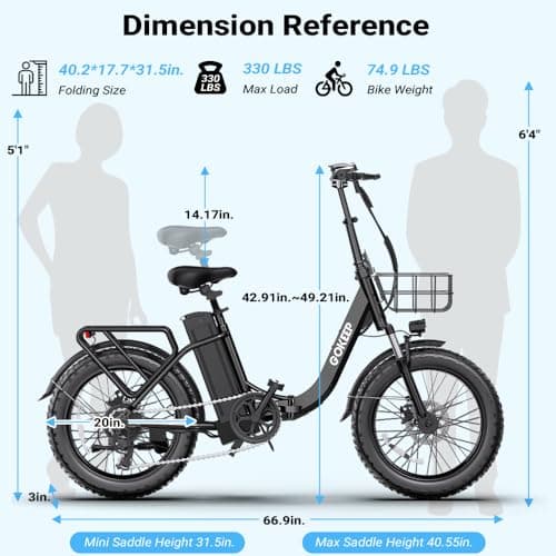 GOKEEP 1300W Folding Electric Bike, 75 Miles PAS Range, 52V 13Ah Removable Battery, 20" Fat Tire & Front Suspension Electric Bicycles, 20MPH 7-Speed Commuter Ebike, Max 330LBS, UL2849 Certified, Black 6