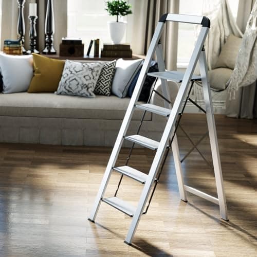 KINGRACK Aluminium 5 Step Ladder, Lightweight Step Stool with Non-Skid Pedals, Handrail, Foldable Step Ladder for Kitchen, Garage, Home, Space Saving, Sturdy and Portable, Silver 8