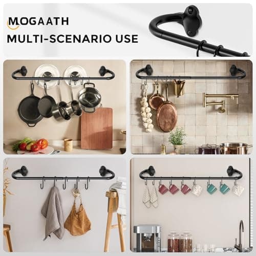 Mogaath Hanging Pot Pan Rack, Heavy Duty 5/8'' Diameter Adjustable Kitchen Organizer, 32 Inch Iron Wall Mounted Pot Rack Detachable Rail with 5 Hooks for Pots, Pans, Lids, Utensils, Matte Black 7