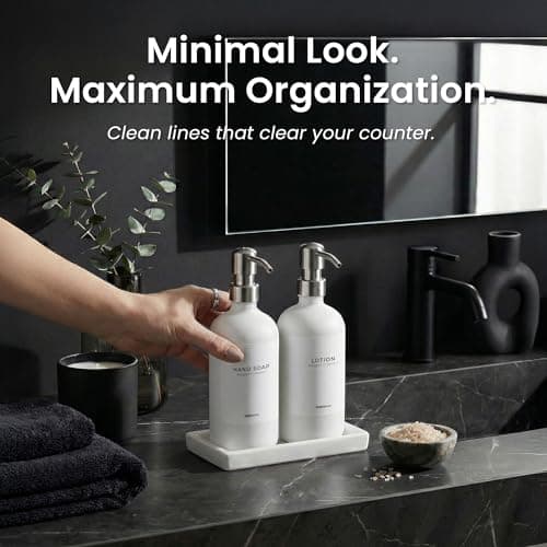 MaisoNovo Soap and Lotion Dispenser Set - Bathroom Soap Dispenser Set with White Soap Dispenser, Silver Pumps & Concrete Tray 10