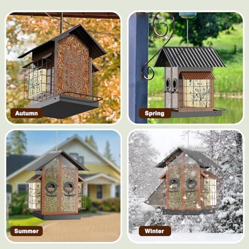 FlowaFoli Bird Feeders for Outdoors, Metal Bird Feeder with Double Suet Cage Weatherproof Metal Roof, 2 in 1 Mixed Seeds Suet Feeder, 4Lbs Large Capacity, Great for Finch、Cardinal、Chickadee（Brown） 5