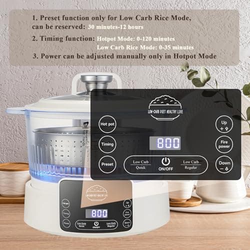 Low Carb Rice Cooker,3L Multifunction Smart Rice Cooker - 4H Keep Warm,Digital Display,Timer & Reservation Function,Suitable for Cooking,Simmering,Stewing,and Steaming 8