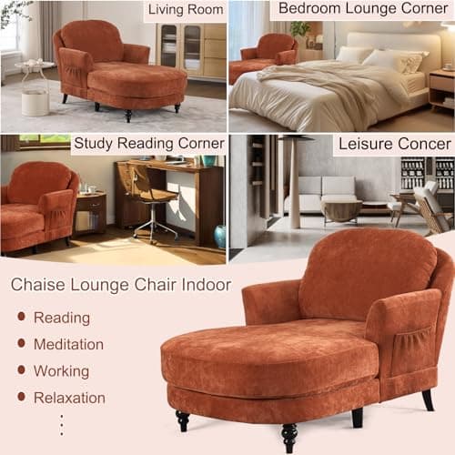 Chaise Lounge Chair Indoor, 59.8"Oversized Couch Reading Chairs, Chenille Comfortable Deep Sleeping Single Sofa, Upholstered Modern Couch Sofa Bed for Living Room, Bedroom & Apartment (Orange) 7