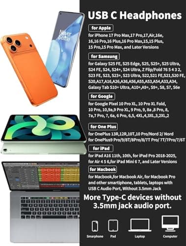 USB C Headphone for Samsung S26 S25 FE S24 A16 A17 Wired Earbuds Magnetic in-Ear Type C Earphone with Microphone Volume Control Bass Stereo Noise Canceling for iPhone 17 Pro Max 16 16e 15 Pixel 10a 9a 5