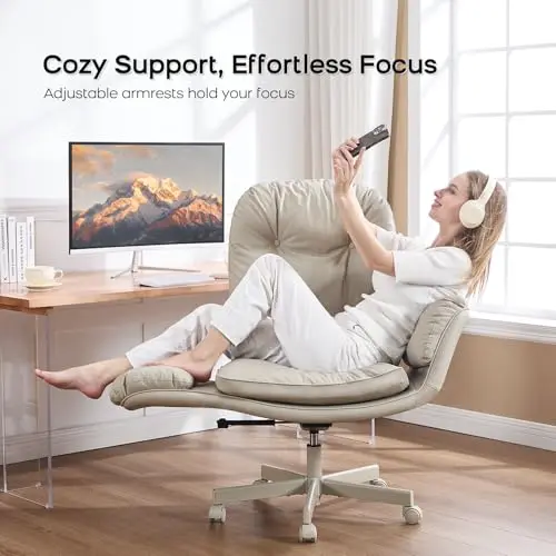 amseatec Criss Cross Chair with Armrests & Wheels for Cross-Legged Sitting, Comfortable Adjustable Swivel Office Desk Chair –PU Leather Vanity Chair for Home, Makeup and Bedroom (Cream) 7