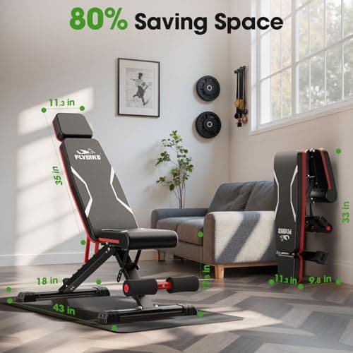 FLYBIRD Adjustable Weight Bench Fits up to 6'5'', 750LBS Capacity for Full Body Workout, 27LBS Sturdy Foldable Bench Press for Home Gym, 5X Stable Lifting Bench Incline Decline Flat Dumbbell Exercise 7