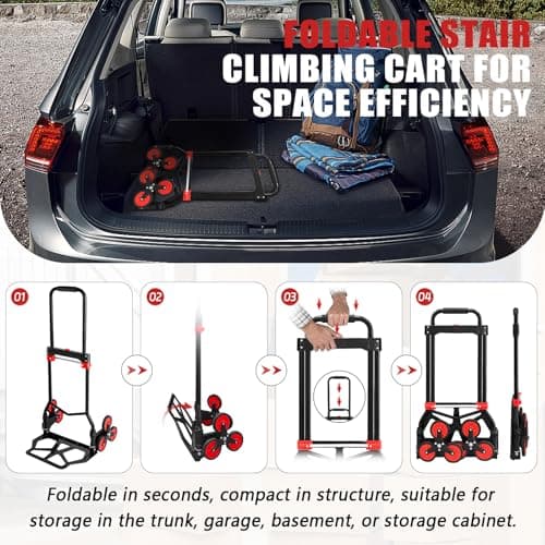 Stair Climbing Hand Truck and Dolly Heavy Duty 330 LB Capacity, Folding Hand Truck Stair Climber Cart with Telescopic Handle and 2 Bungee Cords,Portable Stair Climbing Dolly Cart for Easy Moving 6