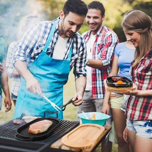 Yiyiring 2 Pcs Cast Iron Fajita Skillet Pan Set Sizzling Steak Plate with Wooden Base and Removable Handle Cast Iron Grill Frying Pan for Home Restaurant Kitchen Cooking (12 x 6.3 Inch) 7