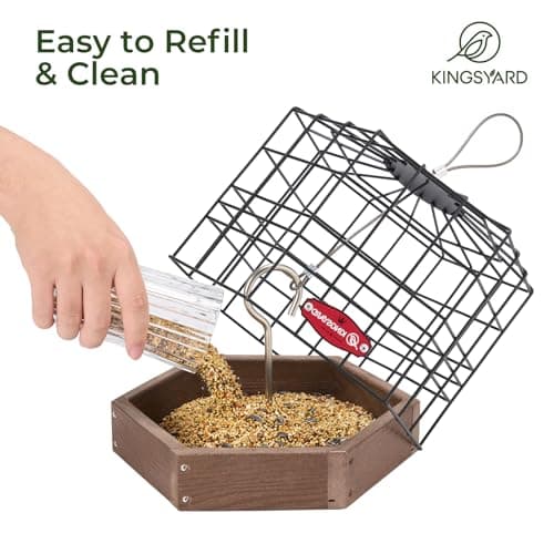Kingsyard Squirrel Proof Platform Bird Feeders for Outdoor Hanging, 10" Wide Metal Caged Bird Feeder for Small Wildbirds Finches, Recycled Plastic Feeding Platform with Metal Seed Tray, Brown 7