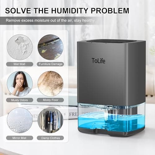 ToLife Dehumidifiers for Home 30 OZ Water Tank with Auto-Off, Portable Small Dehumidifier Room, Bathroom, Bedroom, RV, Closet 500 sq.ft, 7 Colors LED Light, Gray, Grey, TZ-C1 6