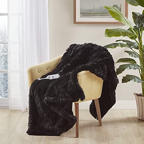 Serta Mila Shaggy Heated Throw Blanket - Soft Faux Fur Heated Blanket, Fast Heating, Auto Shut Off Timer, Low EMF, 5 Heat Setting, ETL Certified, Machine Washable Electric Blanket, Black 50"x60"