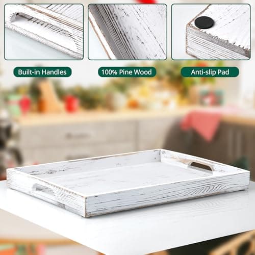17 Inch Rustic White Serving Tray with Handles - Large Wooden Tray for Ottoman, Breakfast in Bed, Dinner, Coffee Table - Decorative Rectangular Tray for Living Room Bedroom Entryway and Kitchen Decor 4