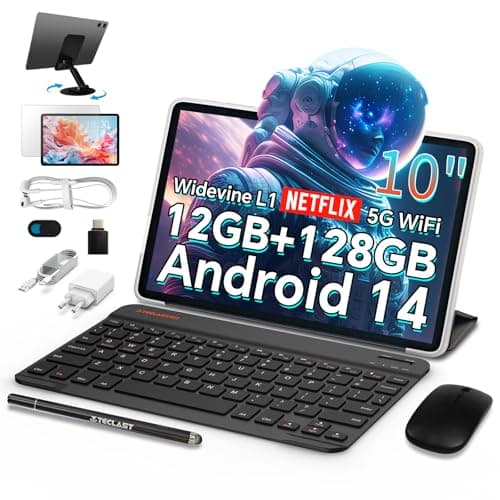 TECLAST Android Tablet with Keyboard, 10 inch Android 14, 10GB RAM 128GB ROM,1TB Expand, WiFi 6, Bluetooth 5.4, 6000mAh Battery, GPS, 2 in 1 Tablet with Keyboard, Mouse, Case, Stylus