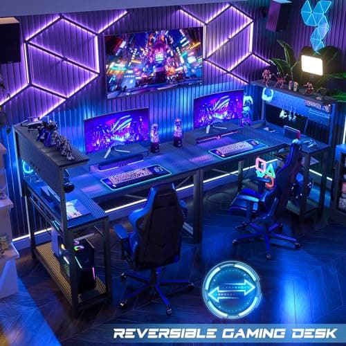 Homieasy Small Gaming Desk with Power Outlets Pegboard LED Light, 43 Inch L Shaped Computer Desk with Monitor Stand Storage Shelves, Reversible Corner Desk with Headset Hooks, Carbon Fiber Black 5