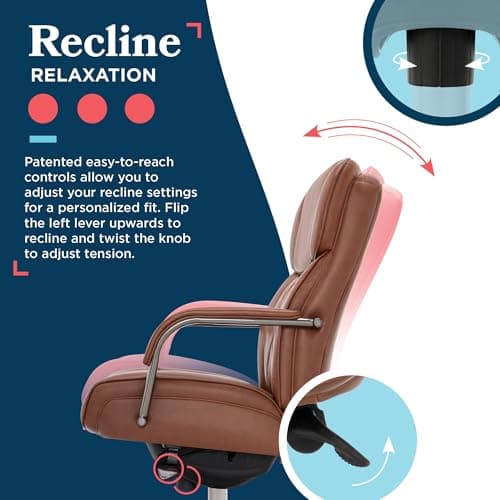 La-Z-Boy Symphony Executive Mid-Back Office Chair, Diamond Quilt Seat and Back, Pocket Coil Cushion, Padded Armrests, Ergonomic Computer DeskChair, Swivel Metal Base, Bonded Leather, Cognac/Graphite 7