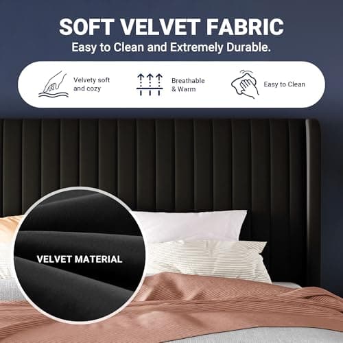 Allewie Queen Size Velvet Bed Frame/Vertical Channel Tufted Wingback Headboard/Upholstered Platform Bed/Strong Wooden Slats/No Box Spring Needed/Easy Assembly/Black 6