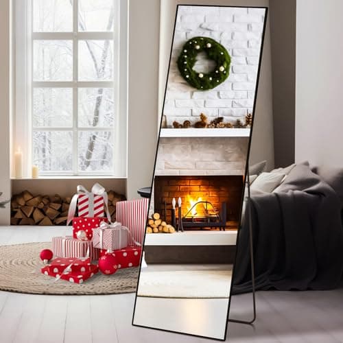 Sweetcrispy Full Length 59"x16" Full Body Mirror Floor Mirror Standing Hanging or Leaning Against Wall, Wall-Mounted Mirror with Stand Aluminum Alloy Thin Frame for Living Room Bedroom Cloakroom,Black