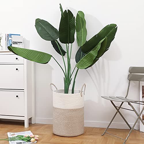 VIPOSCO Large Laundry Hamper, Tall Woven Rope Storage Basket for Blanket, Toys, Dirty Clothes in Living Room, Bathroom, Bedroom - 58L White & Brown 8