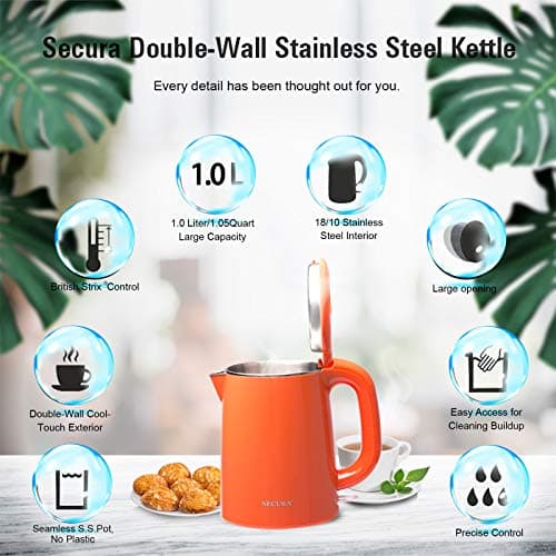 Secura Stainless Steel Double Wall Electric Kettle Water Heater for Tea Coffee w/Auto Shut-Off and Boil-Dry Protection, 1.0L (Orange) SWK-1001DO/HB-K012 6