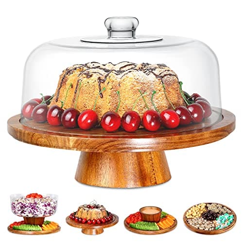 Homeries Acacia Wood Cake Stand with Lid, Cake Plate, (6 in 1) Multi-Functional Serving Platter, Large Cake Stand with Dome, Cake display stand with lid & Cake Dome - Use as Cake Holder, Cake Cover
