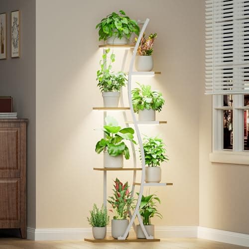 MJOMKN 62" Plant Stand Indoor with Grow Lights - 7 Tiered Tall Metal Plant Shelf - Corner Wooden Plant Stand for Indoor Plants Multiple, Large S-Shape Flower Rack Holder for Living Room, Garden, Patio Decor