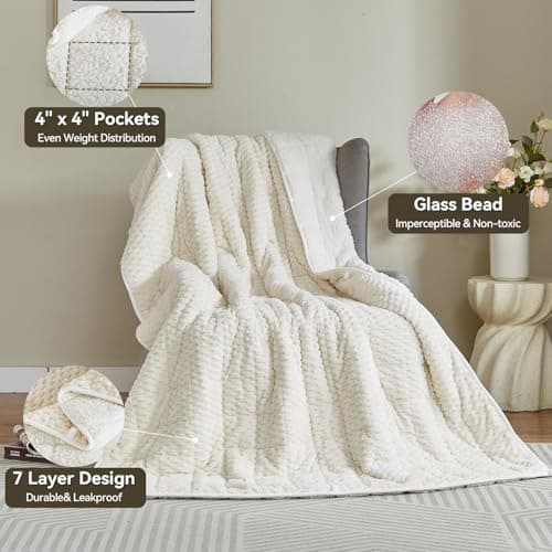 Weighted Blanket Queen Size for Adults,15lbs Jacquard Sherpa Heavy Blanket for Calming and Relax, Dual Sided Ultra Soft Fuzzy Throw Blanket with Glass Beads, 48" x 72", Cream White 6