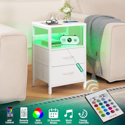 Yoobure Nightstand with Charging Station, LED Night Stand with Fabric Drawers and Storage Shelf for Bedroom, Nightstands Bedside Tables with USB Ports & Outlets, Small Night Stands, Bed Side Table 5