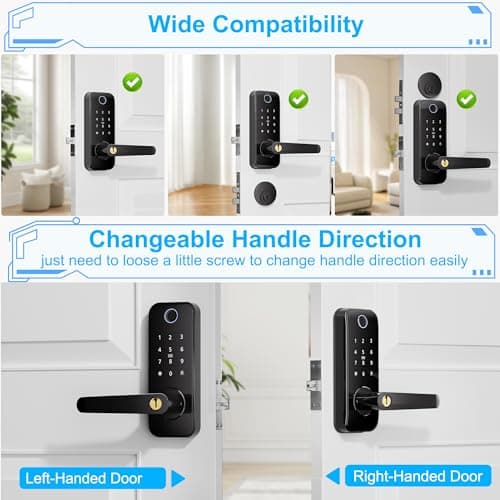 Keyless Entry Fingerprint Smart Door Lock with Handle,Digital Electronic Lock with Touchscreen Keypad,Electric Door Knob for Exterior Interior Entry/Bedroom Front Doors,Built-in WiFi 7