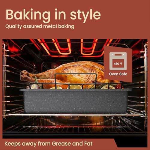 BAKKEN Nonstick Turkey Roasting Pan with Rack – 17 X 13 inch, Large Heavy-Duty Carbon Steel Roasting Pan, Wide Handles, Versatile for Baking, Grilling, & Roasting, Oven Safe Up to 450°F, Gray Marble 5