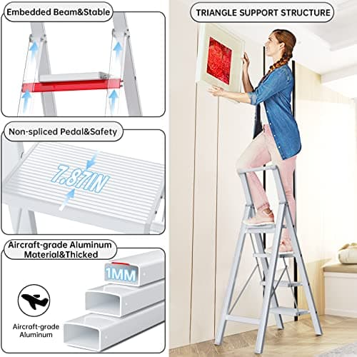 Step Ladder Folding Step Stool - Lightweight Aluminium Ladders W/Anti-Slip Wide Pedal&Handle for Adults&Seniors, Perfect for Home Kitchen Garden Safety Decorative Ladder, Silver 3