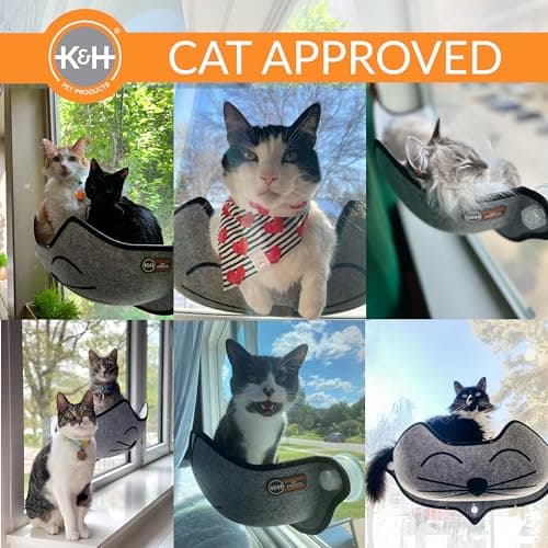 K&H Pet Products EZ Mount Kitty Face Cat Window Perch Bed, Sturdy Cat Window Hammock with Strong Suction Cups, Washable Sleeping Pad, Fits 30" W X 15" H Glass Spaces - Gray Kitty Face Design 5