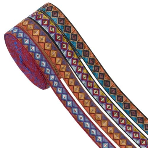 CRAFTYMELODY 4 Rolls 20 Yards Jacquard Ribbon Trim 4 Colors Ethnic Style Embroidery Polyester Ribbons Rhombus Pattern 1/2 Inch Wide Geometric Woven Garment Embellishments Trim for Sewing Clothing