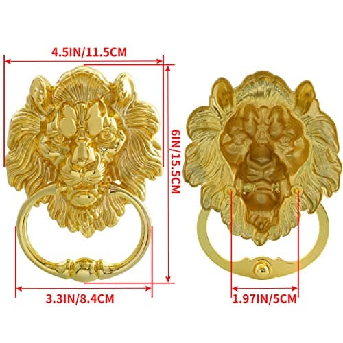MOLIGOU Lion Head Door Knocker, 6 Inch Decorative Front Door Knocker, Antique Lion Door Ring Pull Handle (Gold) 3