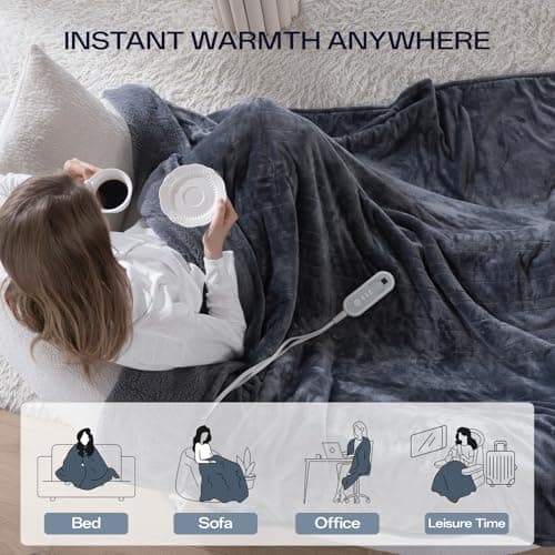Heated Blanket Electric Full Size with 8 Heat Levels & 10 Time Settings, Heating Blanket with Flannel & Sherpa for Bed, Full Body, Couch, Home Office Use, Machine Washable, Warm Gift (Grey 72"x84") 7