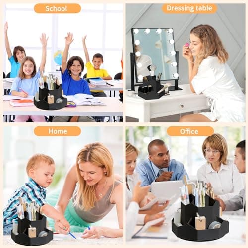 Pencil Pen Holder for Desk,9 Slots 360 Degree Rotating Desk Organizers,Desktop Storage Stationery Supplies Organizer, Cute Pencil Cup Pot For Office, School, Home(Black) 6