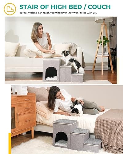 PETEPELA Cat Dog Stairs for Bed, Pet Steps for Small Dogs and Cats, Portable Heavy-Loaded [Up to 120 lbs] Dog Steps with Storage Box 3-Step to Couch, Doggie Car Ramp for Older Dogs 6