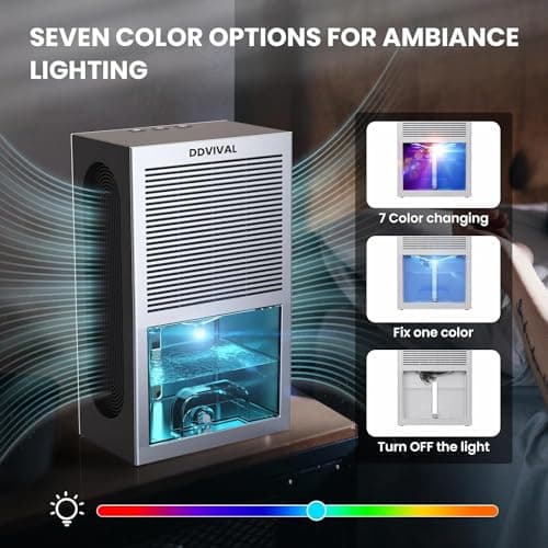 96oz Dehumidifier, DDVIVAL 1000 Sq.ft Dehumidifiers for Home, Dehumidifier with 4 Condensers and 2 Working Modes, 7 Color LED Light Small Dehumidifiers for Bedroom Room Bathroom Closet Basement RV 6