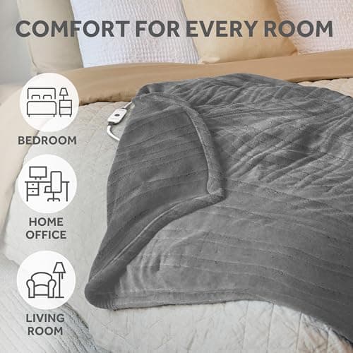 Sunbeam Royal Sherpa Foot Pocket Heated Throw Electric Blanket, 50" x 60", 4 Heat Settings, 4-Hour Auto Shut-Off, Warming Throw for Couch or Bed, Fast Heating, Machine Washable, Grey 6