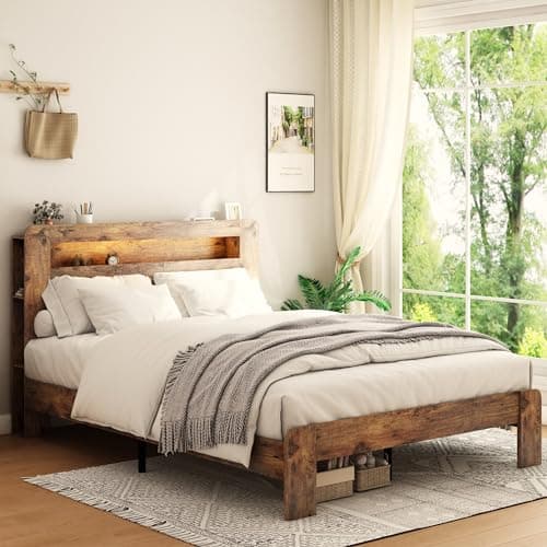 PAUKIN Full Bed Frame with Storage Headboard, Wood Platform Bed Frame with Charging Station and LED Lights, Sturdy Wood Slats, No Box Spring Required, Noiseless, Easy to Assemble, Brown