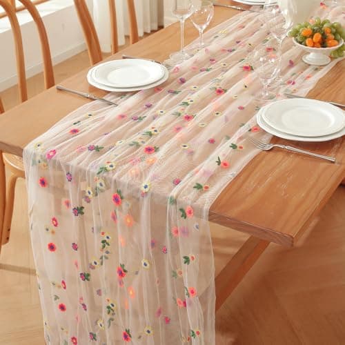 gillhov Champagne Embroidery Daisy Fall Table Runner 10ft Florals Seasonal Tulle Table Runner Holiday Kitchen Dining Table Decoration for Home Party Indoor
