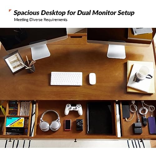 HULALA HOME Home Office Desk with 3 Drawers & Solid Wood Legs, Writing Table with Charging Station & Cable Management, Mid Century Modern Desk for Bedroom/Living Room/Study/Workstation, Walnut 5