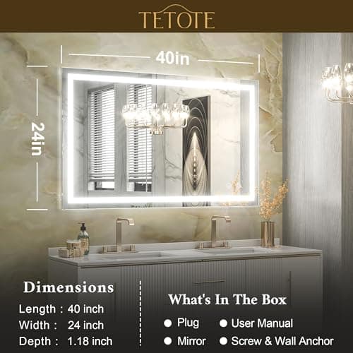 TETOTE 40 x 24 LED Bathroom Mirror LED Vanity Makeup Mirror Dimmable Anti-Fog Bathroom Lighted Mirror Wall Mounted Bathroom Decor Waterproof, Tempered Glass 6