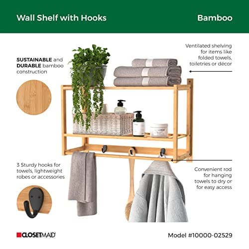 ClosetMaid Bamboo Wall Shelf with Towel Bar, 3 Hooks, Wall Mount Storage Shelves, 2 Tier, Organizer Rack, Natural Finish 5