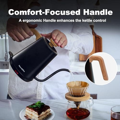 Nueve&Five Gooseneck Electric Kettle with Thermometer， Black Electric Kettle 1L with Auto Shut-Off，1000W Hot Water Kettle of Stainless Steel， Pour Over Kettle for Coffee & Tea 5