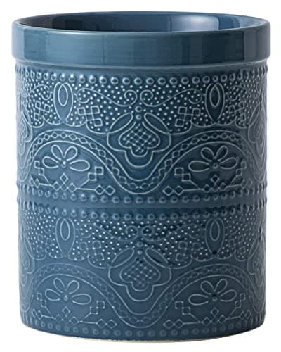 Fun Elements Kitchen Utensil Holder, 7.2" Super Large Utensil Crock Heavy and Stable Lace Emboss Ceramic Utensil Holder for Kitchen Counter (Grayish Blue)