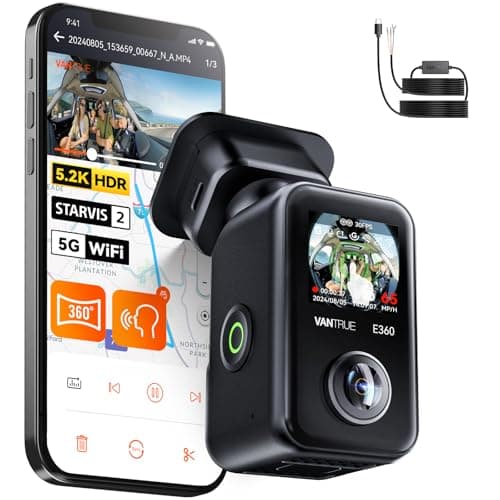 【Bundle: Vantrue E360 5.2K 360° Panoramic Dash Cam + Hardwire Kit】 5GHz WiFi&GPS, Dual STARVIS 2, HDR,8 IR Night Vision, Voice Control, Touchscreen, 24/7 Buffered Parking Mode, Support 512GB Max