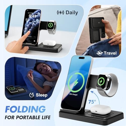 Wireless Charging Station for Apple Devices: 3 in 1 Foldable Qi Compact Case-Friendly Charger Stand for iPhone 17-12 & Apple Watch & AirPods Charging Dock for Travel Home Office Desk Nightstand(Blcak) 8