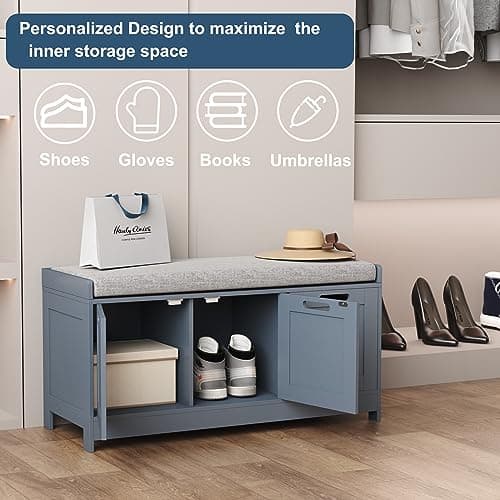 HOMEFORT Shoe Storage Bench, Wooden Shoe Bench with 3-Door Cabinets, Entry Way Home Organizer Bench, Entryway Bench with Padded Cushion Seat, Grey Storage Bench for Bedroom. 6