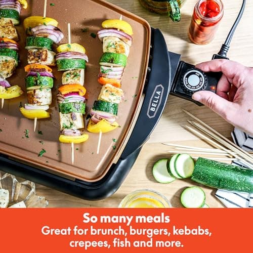 BELLA Electric Ceramic Titanium Griddle, Make 10 Eggs At Once, Healthy-Eco Non-stick Coating, Hassle-Free Clean Up, Large Submersible Cooking Surface, 10.5" x 20", Copper/Black 8